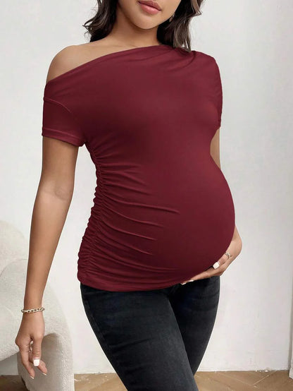 Maternity Asymmetrical Neck Tee - Short Sleeve, Slim Fit, High Stretch, Black