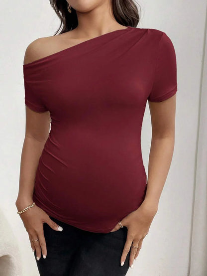 Maternity Asymmetrical Neckline Ruched T-Shirt - Short Sleeve Slim Fit Pleated Knit Top for Casual Daily Wear