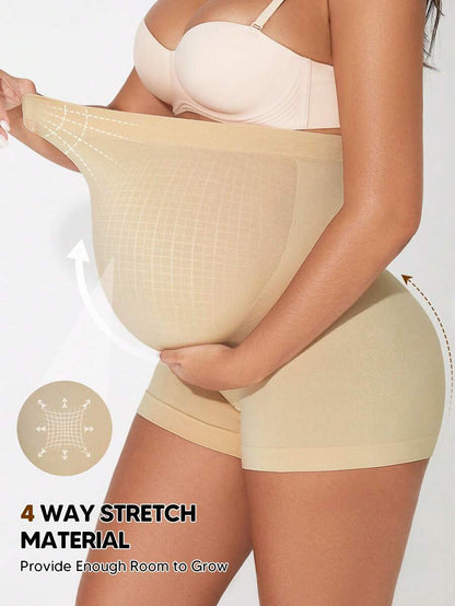 Maternity High Waist Rib-Knit Yoga Shorts with Elastic Belly Support Panel, Geometric Print Winter Activewear, Beige