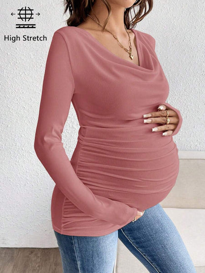 Maternity Solid Color Draped Neck Pleated Long Sleeve T-Shirt - Ribbed Pregnancy Top