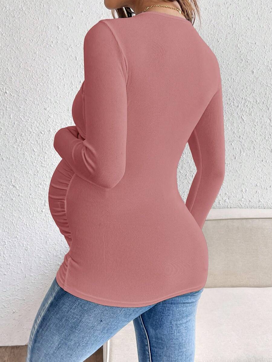 Maternity Solid Color Draped Neck Pleated Long Sleeve T-Shirt - Ribbed Pregnancy Top