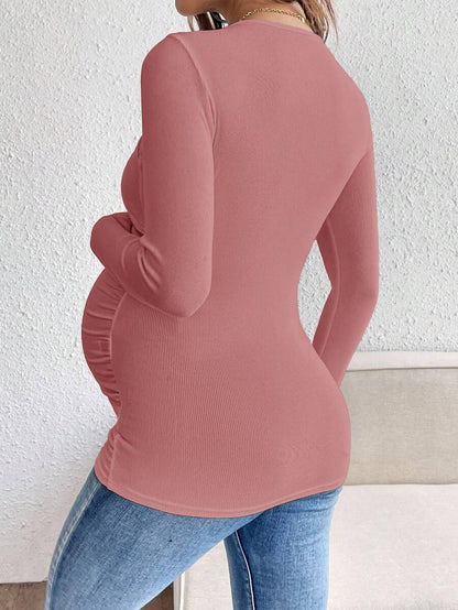 Maternity Solid Color Draped Neck Pleated Long Sleeve T-Shirt - Ribbed Pregnancy Top