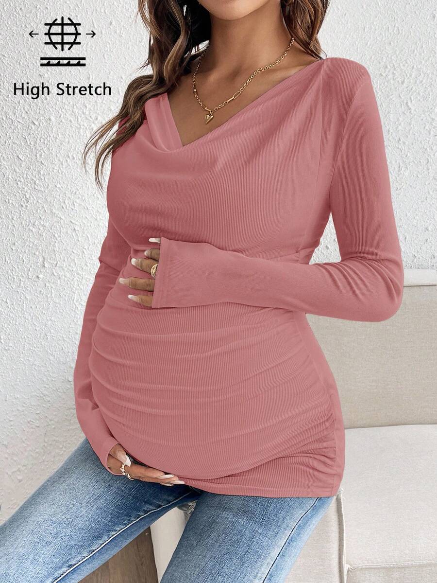 Maternity Solid Color Draped Neck Pleated Long Sleeve T-Shirt - Ribbed Pregnancy Top