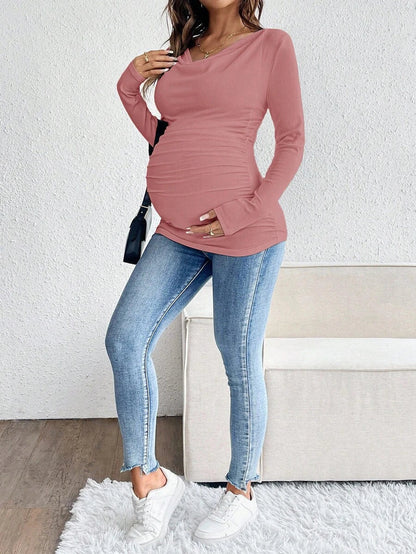 Maternity Solid Color Draped Neck Pleated Long Sleeve T-Shirt - Ribbed Pregnancy Top