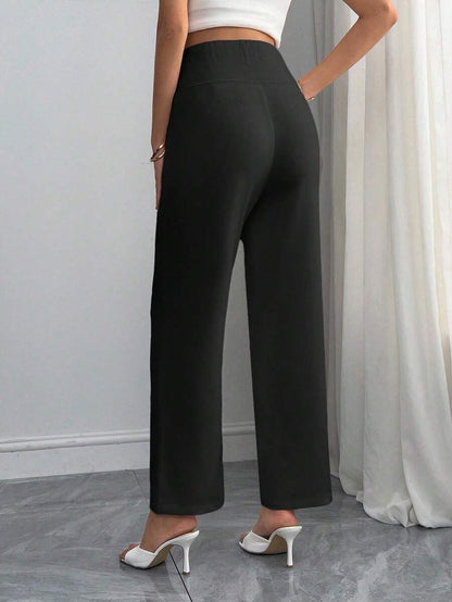 Maternity Straight Leg Pants - Elastic High Waist, Casual & Office, Long, Army Green