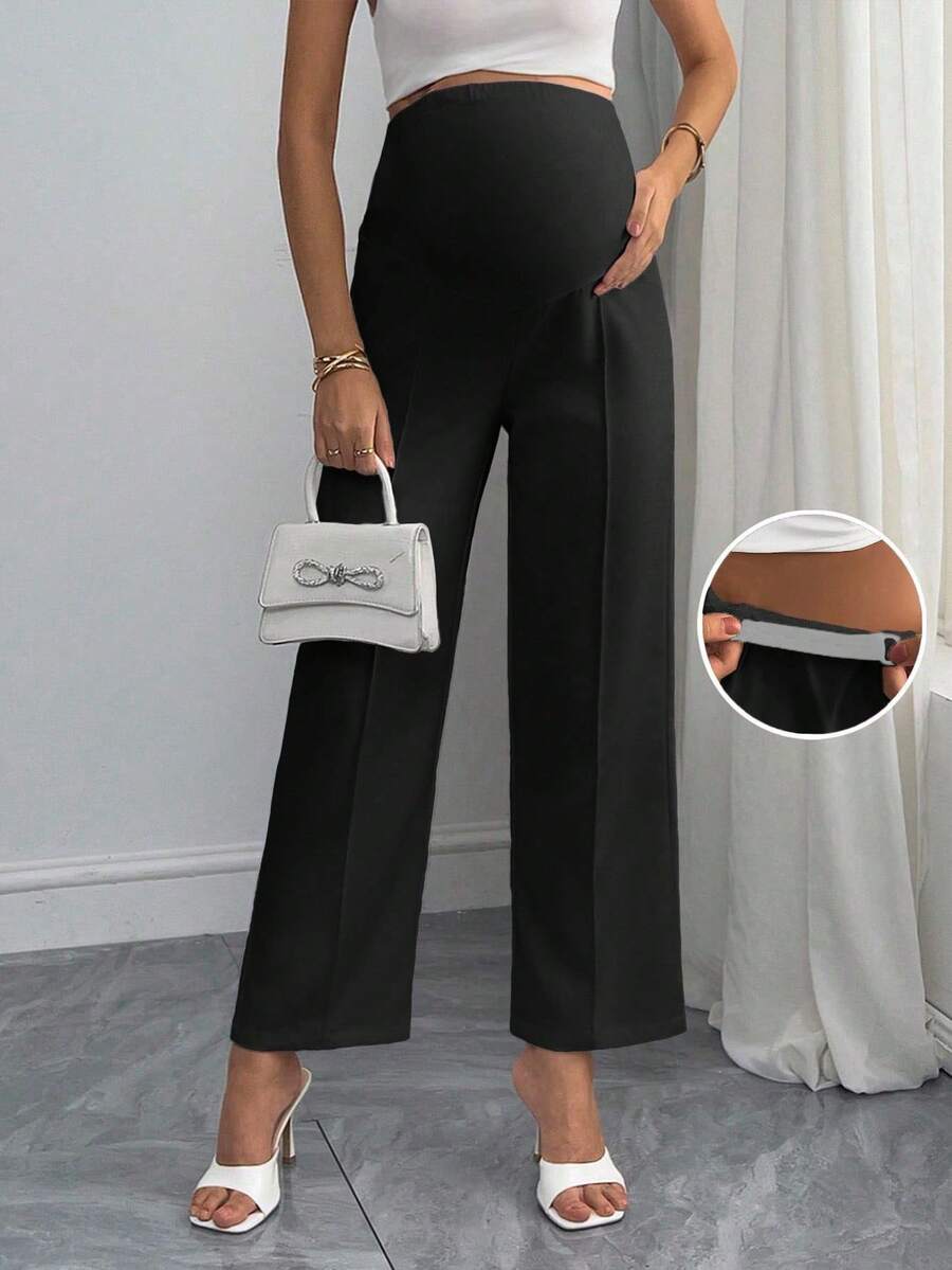 Maternity Straight Leg Pants - Elastic High Waist, Casual & Office, Long, Army Green