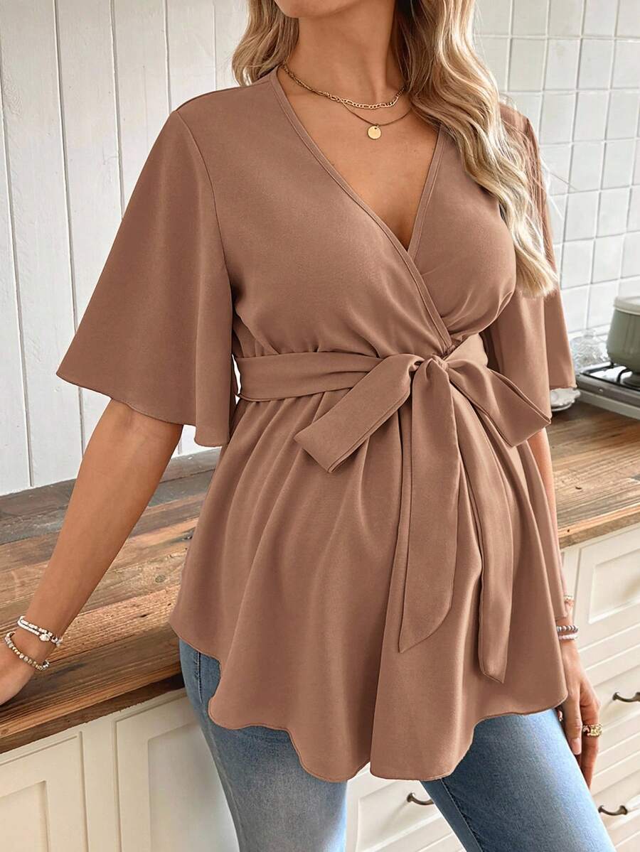 V-Neck Maternity Peplum Blouse with Flounce Sleeves and Adjustable Waist Belt in Dusty Pink for Work or Casual Wear