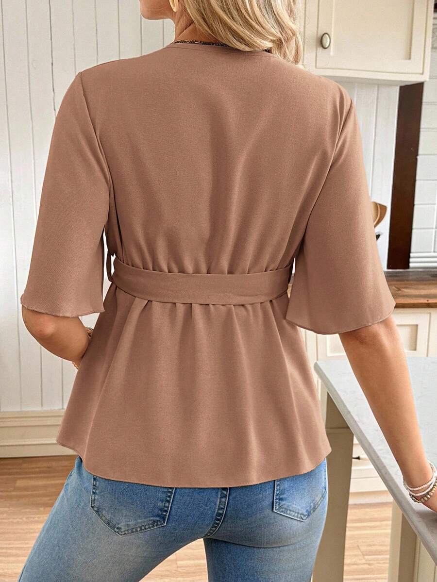V-Neck Maternity Peplum Blouse with Flounce Sleeves and Adjustable Waist Belt in Dusty Pink for Work or Casual Wear