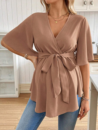 V-Neck Maternity Peplum Blouse with Flounce Sleeves and Adjustable Waist Belt in Dusty Pink for Work or Casual Wear
