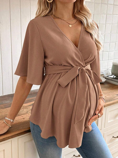V-Neck Maternity Peplum Blouse with Flounce Sleeves and Adjustable Waist Belt in Dusty Pink for Work or Casual Wear