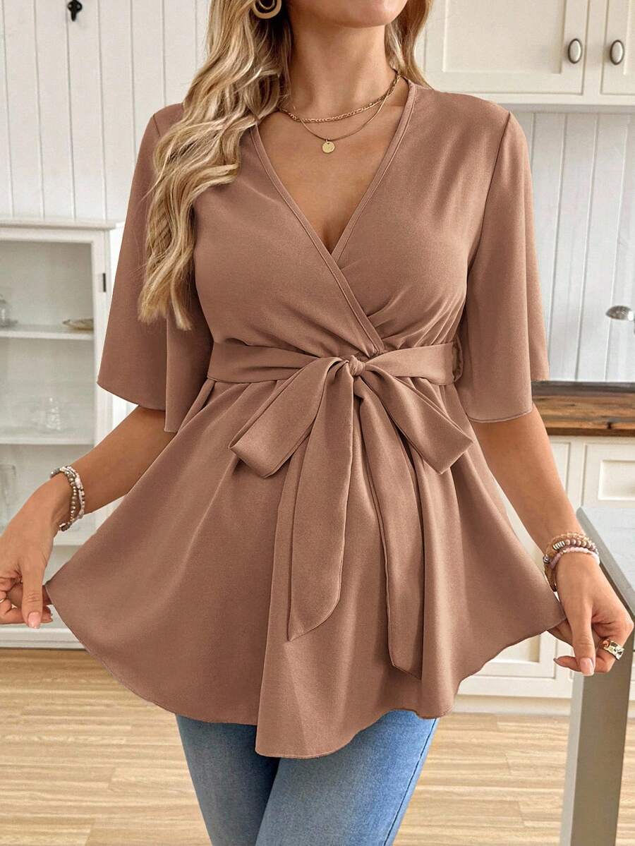 V-Neck Maternity Peplum Blouse with Flounce Sleeves and Adjustable Waist Belt in Dusty Pink for Work or Casual Wear