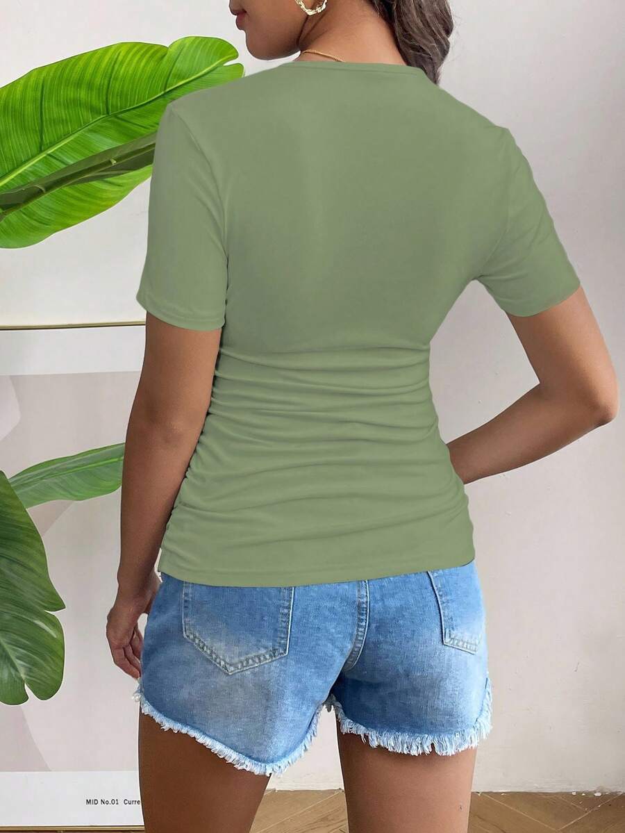 Maternity T-Shirt - Solid Color Ruched Round Neck Short Sleeve Casual Summer, Pregnancy Stretch