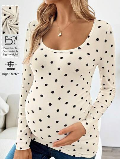 Apricot Polka Dot Maternity Top - Slim Fit Long Sleeve Scoop Neck Knitted Maternity Shirt - Soft Stretch Pregnancy T-Shirt for Office & Casual