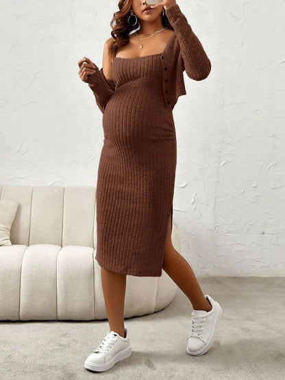 Maternity Pink Ribbed Knit 2-Piece Set with V-Neck Bodycon Knee Length Skirt and Button Front Long Sleeve Crop Cardigan