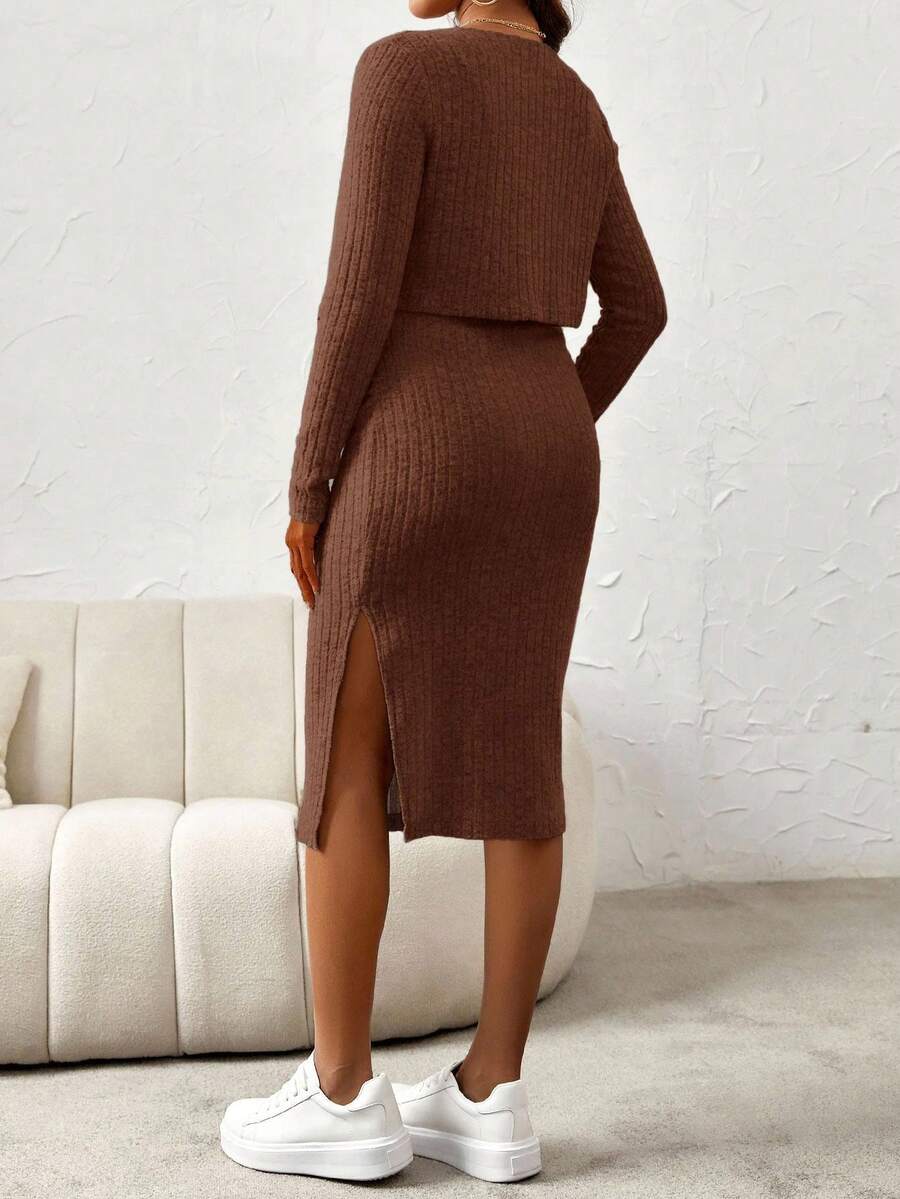 Maternity Pink Ribbed Knit 2-Piece Set with V-Neck Bodycon Knee Length Skirt and Button Front Long Sleeve Crop Cardigan