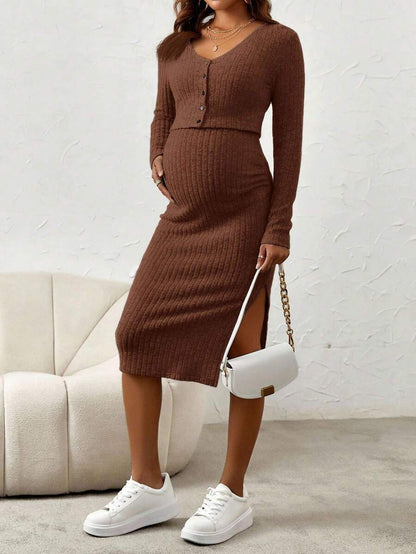 Maternity Pink Ribbed Knit 2-Piece Set with V-Neck Bodycon Knee Length Skirt and Button Front Long Sleeve Crop Cardigan