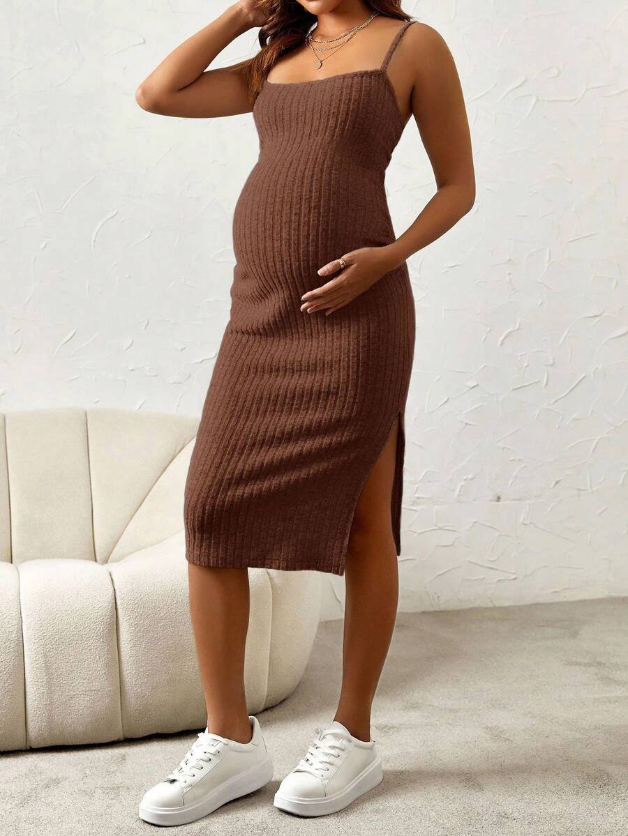 Maternity Pink Ribbed Knit 2-Piece Set with V-Neck Bodycon Knee Length Skirt and Button Front Long Sleeve Crop Cardigan