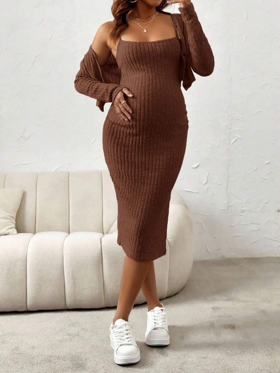 Maternity Pink Ribbed Knit 2-Piece Set with V-Neck Bodycon Knee Length Skirt and Button Front Long Sleeve Crop Cardigan