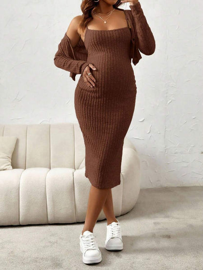Maternity Pink Ribbed Knit 2-Piece Set with V-Neck Bodycon Knee Length Skirt and Button Front Long Sleeve Crop Cardigan