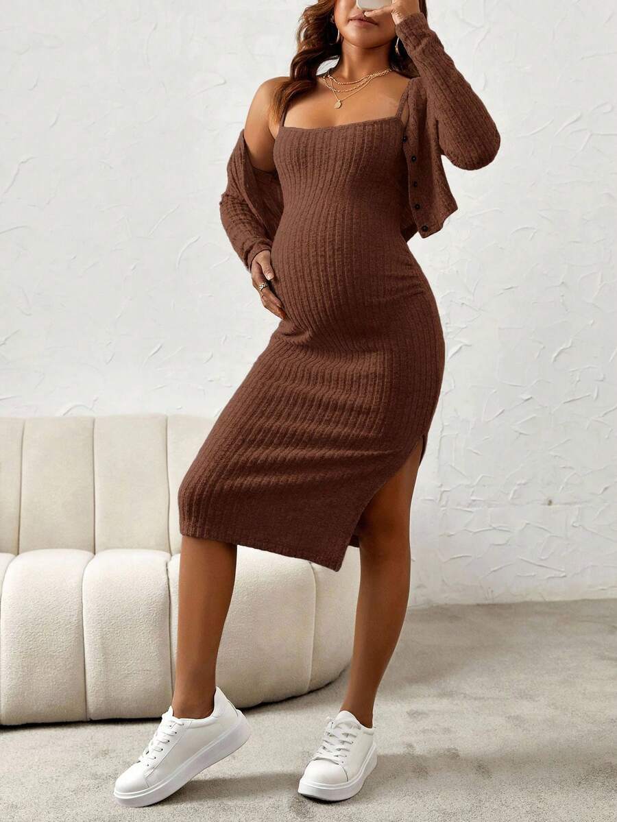 Maternity Pink Ribbed Knit 2-Piece Set with V-Neck Bodycon Knee Length Skirt and Button Front Long Sleeve Crop Cardigan