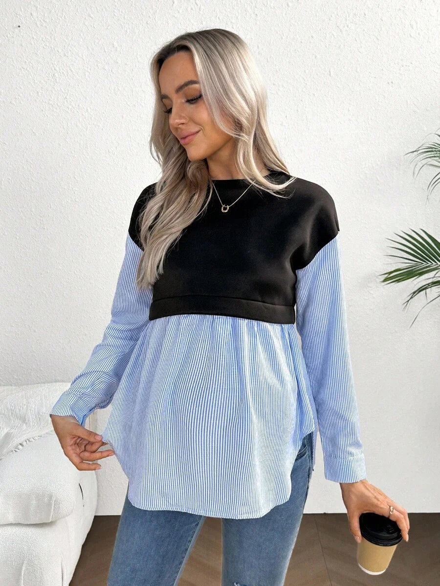 Maternity Striped Patchwork Sweatshirt - Drop Shoulder, Round Neck, Flared Hem, Black