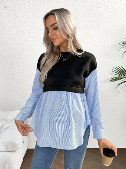 Maternity Striped Patchwork Sweatshirt - Drop Shoulder, Round Neck, Flared Hem, Black