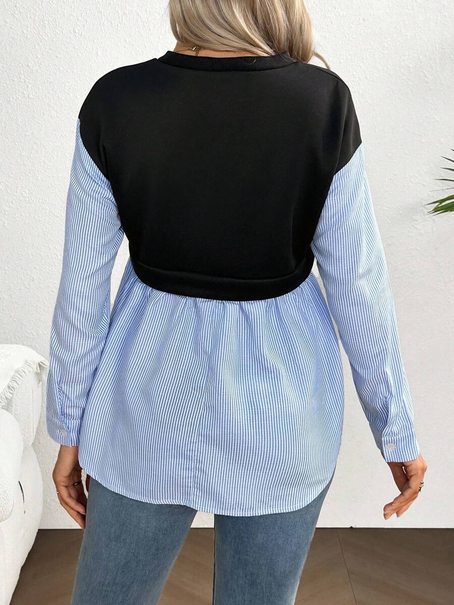 Maternity Striped Patchwork Sweatshirt - Drop Shoulder, Round Neck, Flared Hem, Black