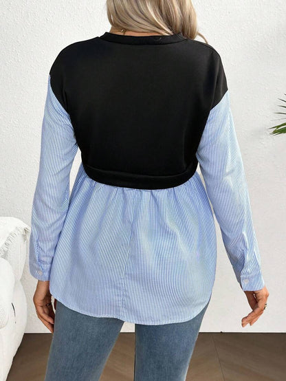 Maternity Striped Patchwork Sweatshirt - Drop Shoulder, Round Neck, Flared Hem, Black