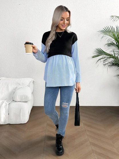 Maternity Striped Patchwork Sweatshirt - Drop Shoulder, Round Neck, Flared Hem, Black