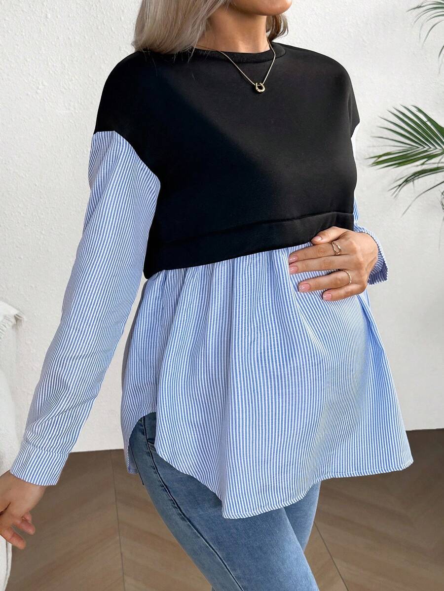 Maternity Striped Patchwork Sweatshirt - Drop Shoulder, Round Neck, Flared Hem, Black