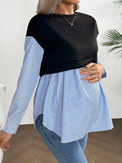 Maternity Striped Patchwork Sweatshirt - Drop Shoulder, Round Neck, Flared Hem, Black