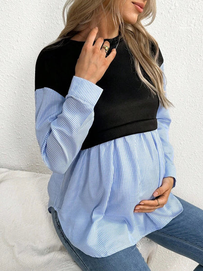 Maternity Striped Patchwork Sweatshirt - Drop Shoulder, Round Neck, Flared Hem, Black