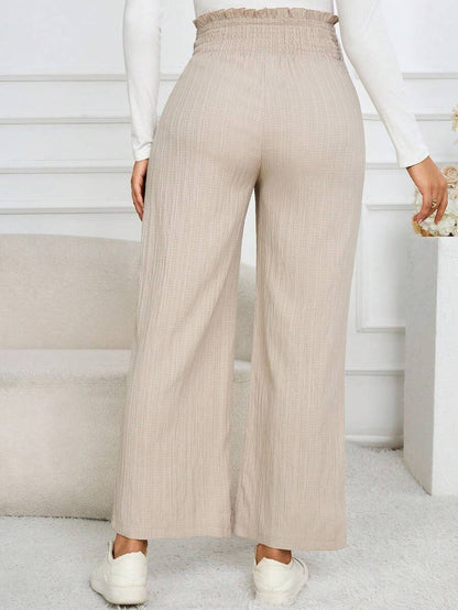 Maternity Wide Leg Pants - Shirred Waist, Loose Fit, Ultra High Waist, Apricot