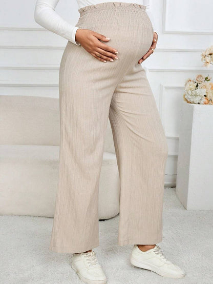 Maternity Wide Leg Textured Pants in Black High Waist Loose Fit Summer Beach Flowy Trousers for Women