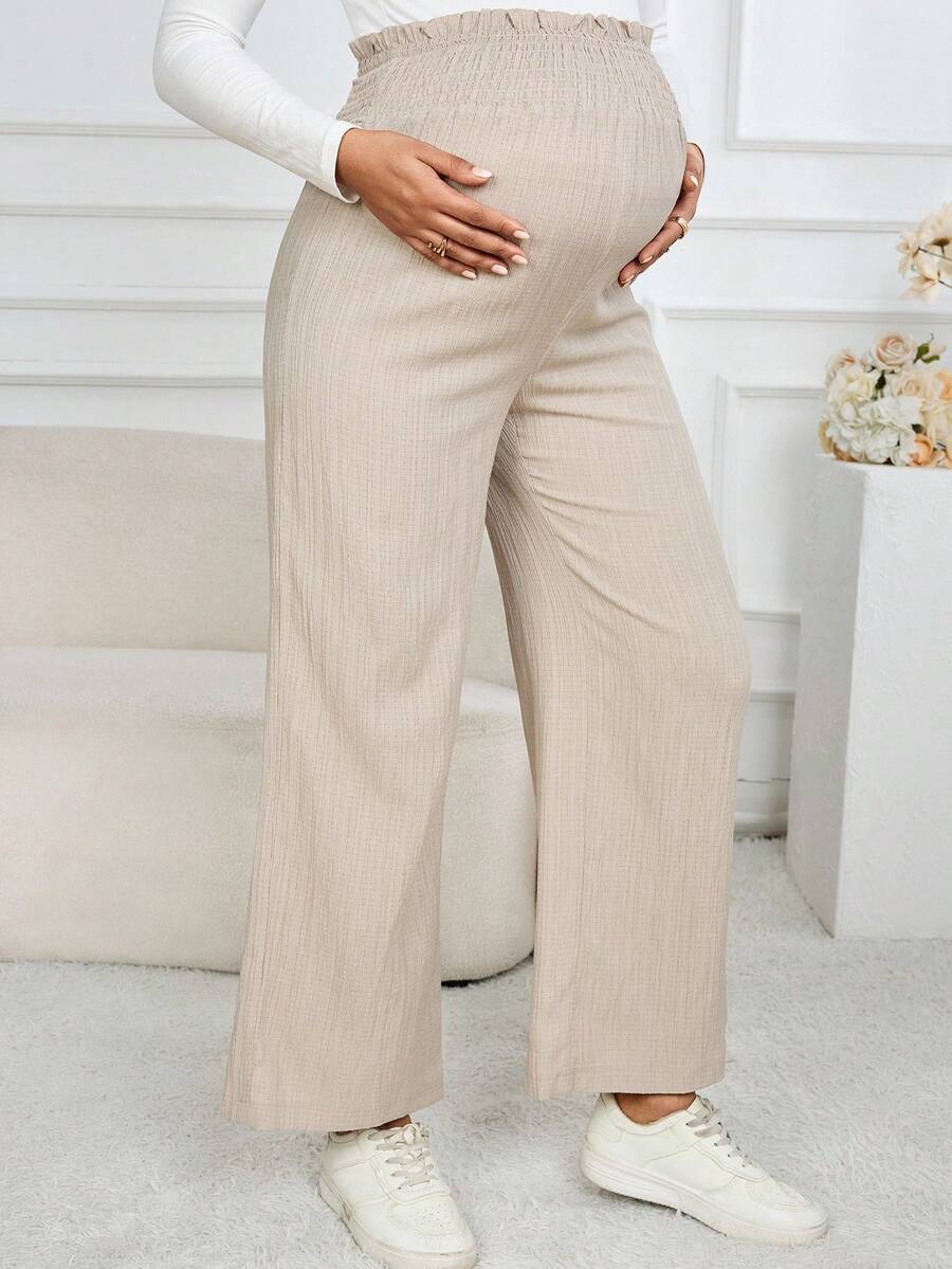 Maternity Wide Leg Pants - Shirred Waist, Loose Fit, Ultra High Waist, Apricot
