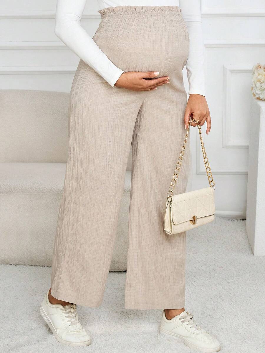 Maternity Paper Bag Waist Pants - Shirred, Wide Leg, Loose Fit, Navy Blue