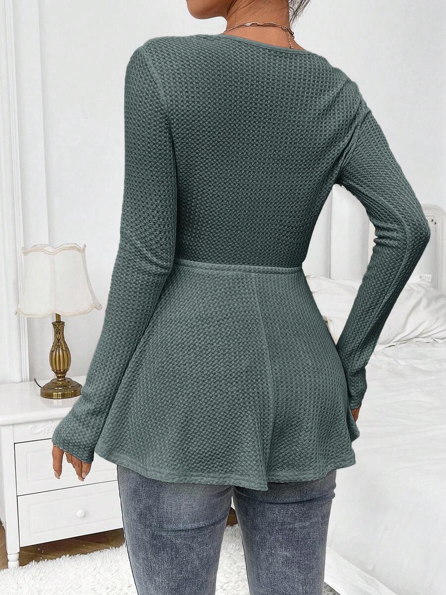 Maternity Khaki Deep V Neck Long Sleeve T-Shirt Loose Fit Belted Flared Hem Knitted Maternity Top for Fall