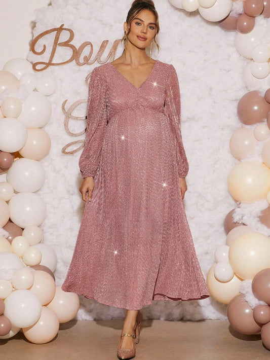 Pink Maternity Dress Off Shoulder Ruched Hem Slim Fit Solid Dusty Pink Gown for Baby Shower Gender Reveal Party and Spring Photoshoot