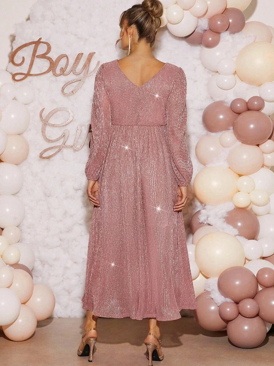 Pink Maternity Dress Off Shoulder Ruched Hem Slim Fit Solid Dusty Pink Gown for Baby Shower Gender Reveal Party and Spring Photoshoot