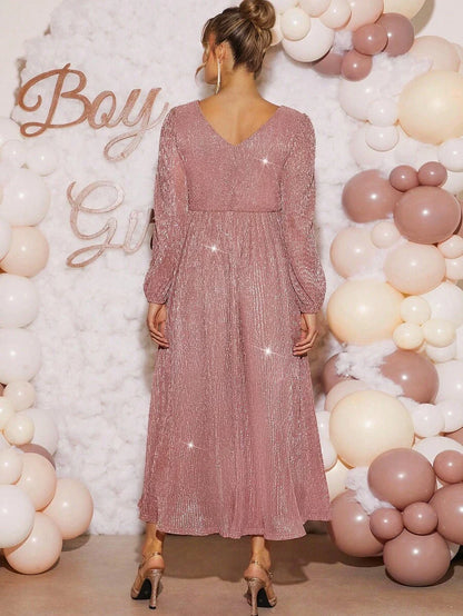 Pink Maternity Dress Off Shoulder Ruched Hem Slim Fit Solid Dusty Pink Gown for Baby Shower Gender Reveal Party and Spring Photoshoot