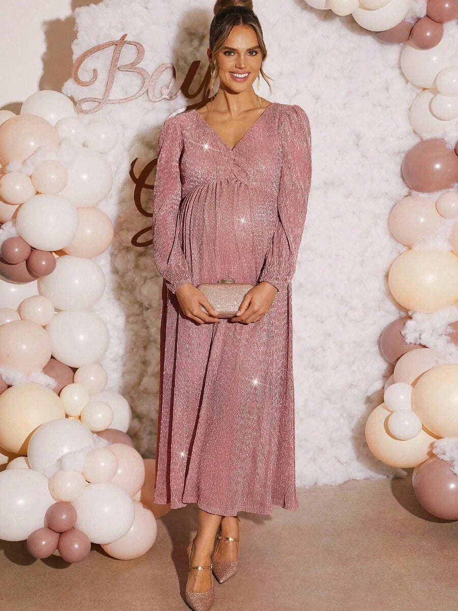 Pink Maternity Dress Off Shoulder Ruched Hem Slim Fit Solid Dusty Pink Gown for Baby Shower Gender Reveal Party and Spring Photoshoot