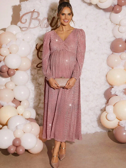 Pink Maternity Dress Off Shoulder Ruched Hem Slim Fit Solid Dusty Pink Gown for Baby Shower Gender Reveal Party and Spring Photoshoot