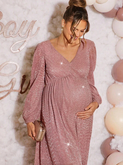Pink Maternity Dress Off Shoulder Ruched Hem Slim Fit Solid Dusty Pink Gown for Baby Shower Gender Reveal Party and Spring Photoshoot