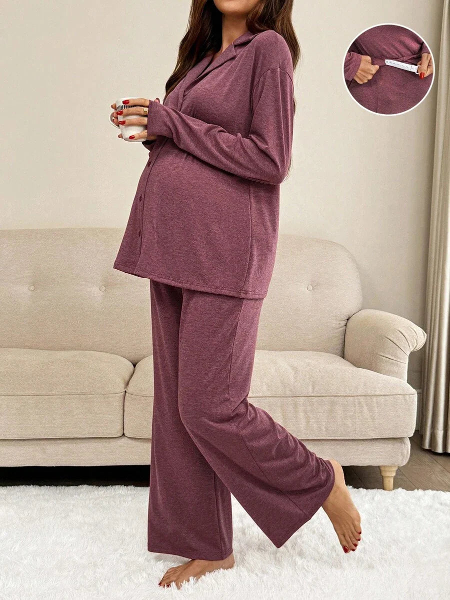 Khaki 2 Piece Maternity Loungewear Set - V-Neck Button Front Long Sleeve Top and Pants - Casual Loose Fit Maternity Sleepwear Suit