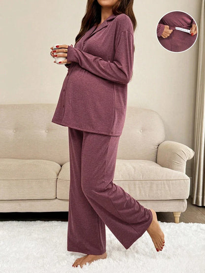 Khaki 2 Piece Maternity Loungewear Set - V-Neck Button Front Long Sleeve Top and Pants - Casual Loose Fit Maternity Sleepwear Suit