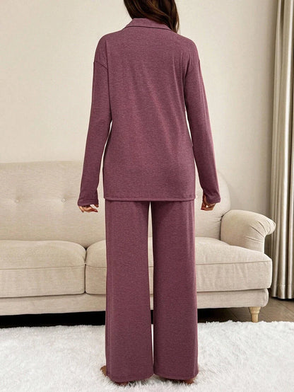 Green Maternity 2-Piece Lounge Set - V-Neck Long Sleeve Top and Pants Pajama Set - Soft Casual Maternity Sleepwear for Spring and Fall