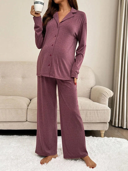 Khaki 2 Piece Maternity Loungewear Set - V-Neck Button Front Long Sleeve Top and Pants - Casual Loose Fit Maternity Sleepwear Suit