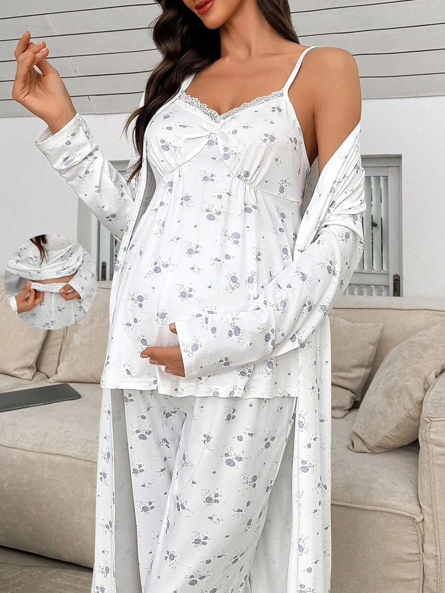 3-Piece Maternity Sleepwear Set - Multicolor Ditsy Floral Cami Top Pants and Robe - Romantic Long Sleeve Maternity Lounge Set