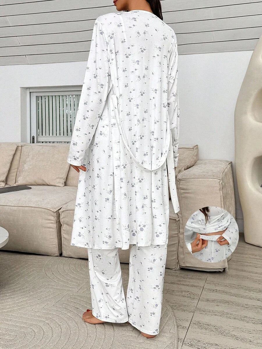3-Piece Maternity Sleepwear Set - Multicolor Ditsy Floral Cami Top Pants and Robe - Romantic Long Sleeve Maternity Lounge Set