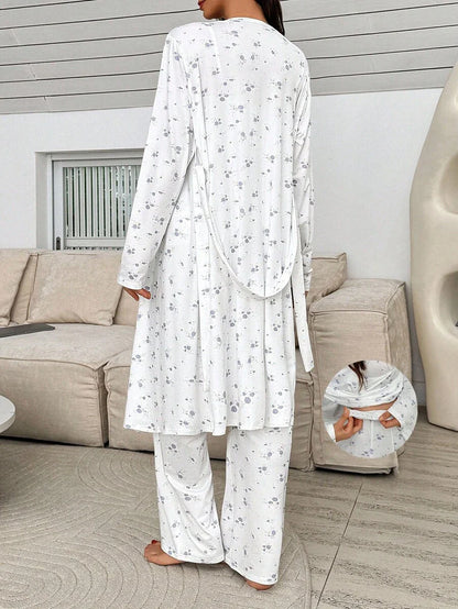 3-Piece Maternity Sleepwear Set - Multicolor Ditsy Floral Cami Top Pants and Robe - Romantic Long Sleeve Maternity Lounge Set